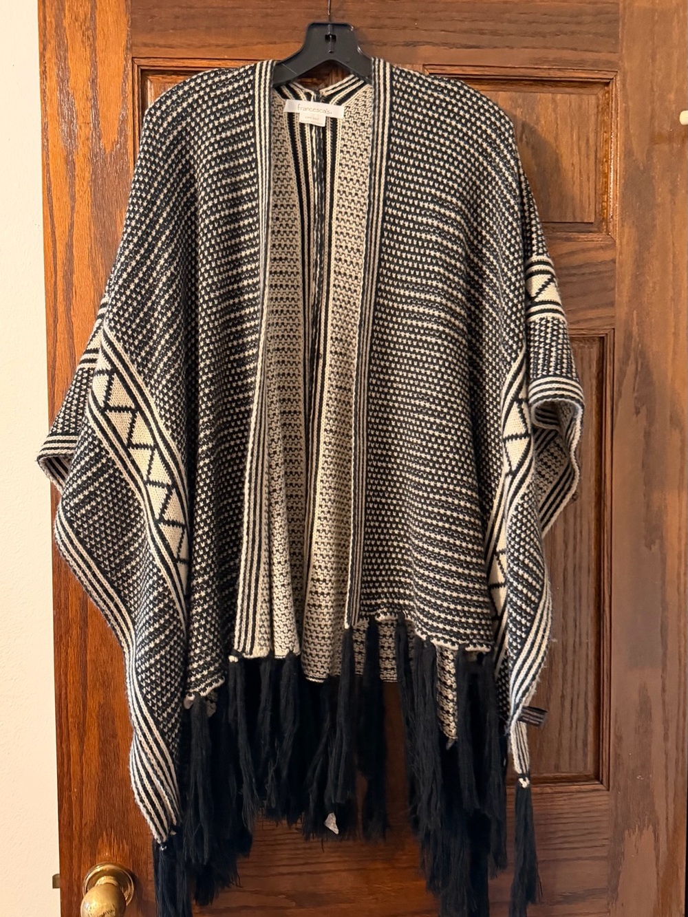 Francesca's Collections Black & Cream Fringe Shawl/Poncho